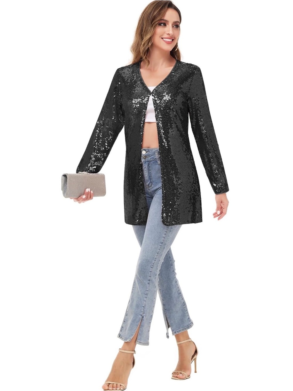 Anna-Kaci Black Sequin V-Neck Jacket